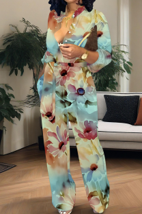 Baby Blue Casual Print Buckle Strap Design Turndown Collar Loose Jumpsuits