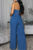 Blue Casual Solid Color Pocket Buckle Turndown Collar Loose Jumpsuits