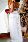 White Sexy Solid Color Feathers Spaghetti Strap Long Dresses
