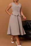 Khaki Casual Solid Color Pocket Buckle V Neck Sleeveless Two Pieces