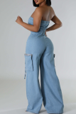 Light Blue Casual Solid Color Fringed Trim Pocket Strapless Sleeveless Loose Denim Jumpsuits