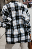 Black Casual Plaid Buckle Turndown Collar Tops