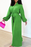 Green Casual Solid Color Buckle Strap Design Turndown Collar Loose Jumpsuits