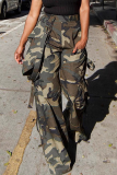 Camouflage Casual Camouflage Print Pocket Loose High Waist Full Print Bottoms