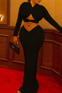 Black Sexy Solid Color Hollow Out V Neck Long Sleeve Two Pieces