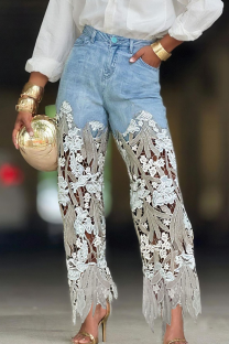 Blue Casual Solid Color Lace High Waist Loose Denim Jeans