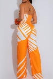 Green Casual Print Pocket Oblique Collar Loose Jumpsuits(No Pockets)
