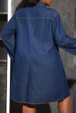 Deep Blue Casual Solid Color Pocket Buckle Turndown Collar Denim Plus Size Dresses