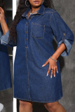 Deep Blue Casual Solid Color Pocket Buckle Turndown Collar Denim Plus Size Dresses