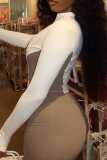 Brown Casual Zipper Contrast O Neck Long Sleeve Two Pieces