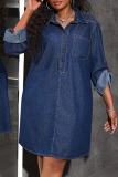 Deep Blue Casual Solid Color Pocket Buckle Turndown Collar Denim Plus Size Dresses