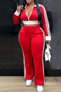 Red Casual Stripe Zipper Turndown Collar Long Sleeve Two Pieces