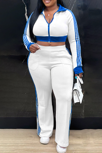 White Casual Stripe Zipper Turndown Collar Long Sleeve Two Pieces