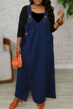 Blue Casual Solid Color Pocket Spaghetti Strap Sleeveless Loose Denim Jumpsuits