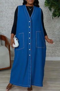 Blue Casual Solid Color Pocket Buckle V Neck Sleeveless Loose Denim Dresses
