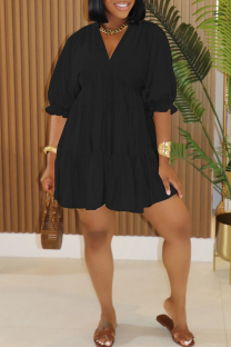 Black Casual Solid Color V Neck A Line Dresses