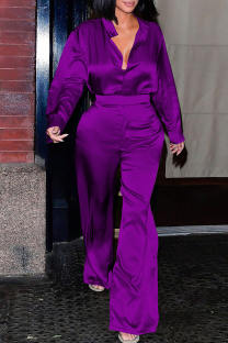Purple Casual Solid Color Buckle Turndown Collar Long Sleeve Two Pieces