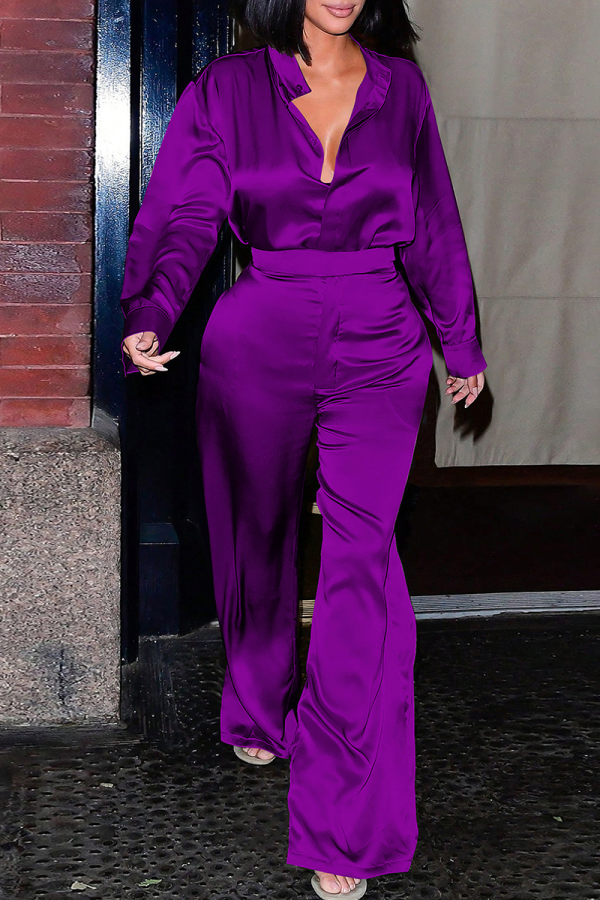 Purple Casual Solid Color Buckle Turndown Collar Long Sleeve Two Pieces