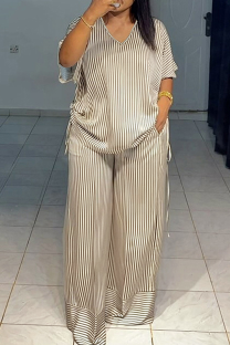 Light Brown Casual Stripe Draw String V Neck Plus Size Two Pieces
