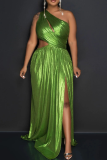 Green Sexy Solid Color Hollow Out Slit Oblique Collar Long Dresses