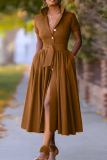 Brown Casual Solid Color Buckle Bandage Crystal Turndown Collar Long Dresses