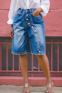 Blue Casual Solid Color Buckle Mid Waist Straight Denim Shorts