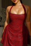 Red Sexy Print Backless Halter A Line Dresses