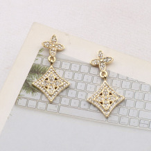 Gold Daily Four Leaf Clover Hollow Out Rhinestone Decor Earrings