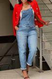 Blue Casual Solid Color Pocket Spaghetti Strap Sleeveless Regular Denim Jumpsuits