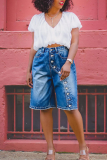 Blue Casual Solid Color Buckle Mid Waist Straight Denim Shorts