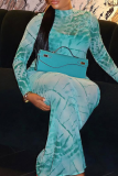 Green Elegant Print O Neck Long Dresses