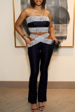 Black Sexy Solid Color Lace Hollow Out Strapless Sleeveless Two Pieces