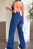 Blue Sexy Solid Color Backless Zipper Turndown Collar Sleeveless Regular Denim Jumpsuits