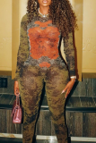 Orange Sexy Print Zipper O Neck Skinny Jumpsuits