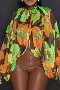 Coffee Sexy Print Slit O Neck Tops
