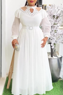 White Elegant Solid Color Hollow Out Hot Drill O Neck Long Plus Size Dresses