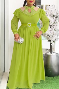 Green Elegant Solid Color Hollow Out Hot Drill O Neck Long Plus Size Dresses