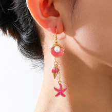 Rose Red Casual Fringed Trim Pearls Decor Earrings