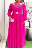 Rose Red Elegant Solid Color Hollow Out Hot Drill O Neck Long Plus Size Dresses