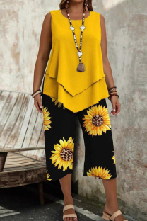 Yellow Casual Print O Neck Plus Size Two Pieces