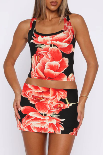 Red Sexy Print U Neck Sleeveless Two Pieces