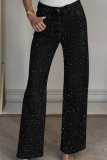 Black Casual Solid Color Hot Drill Loose Mid Waist Conventional Patchwork Bottoms