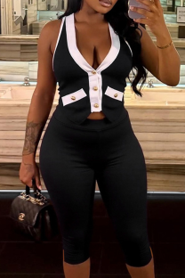 Black Sexy Solid Color Buttons Backless Halter Sleeveless Two Pieces