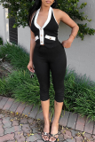 Black Sexy Solid Color Buttons Backless Halter Sleeveless Two Pieces