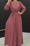 Red Bean Powder Elegant Solid Color Strap Design O Neck Long Dresses