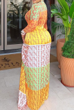 Yellow Elegant Print Ruched O Neck Long Dresses