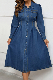 Deep Blue Casual Solid Color Pocket Buckle Turndown Collar Long Sleeve Boot Cut Denim Dresses