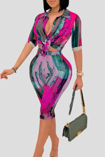 Rose Red Sexy Print Patchwork Turndown Collar Three Quarter Two Pieces