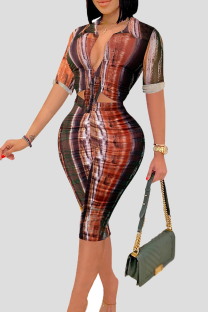 Red Sexy Print Patchwork Turndown Collar Three Quarter Two Pieces