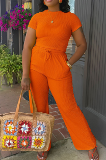 Tangerine Red Casual Solid Color Draw String O Neck Short Sleeve Two Pieces